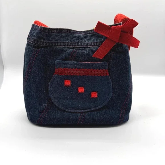 Handmade Denim‎ Jean Purse Red Trim Bow Accent Snap Closure - Picture 2 of 14